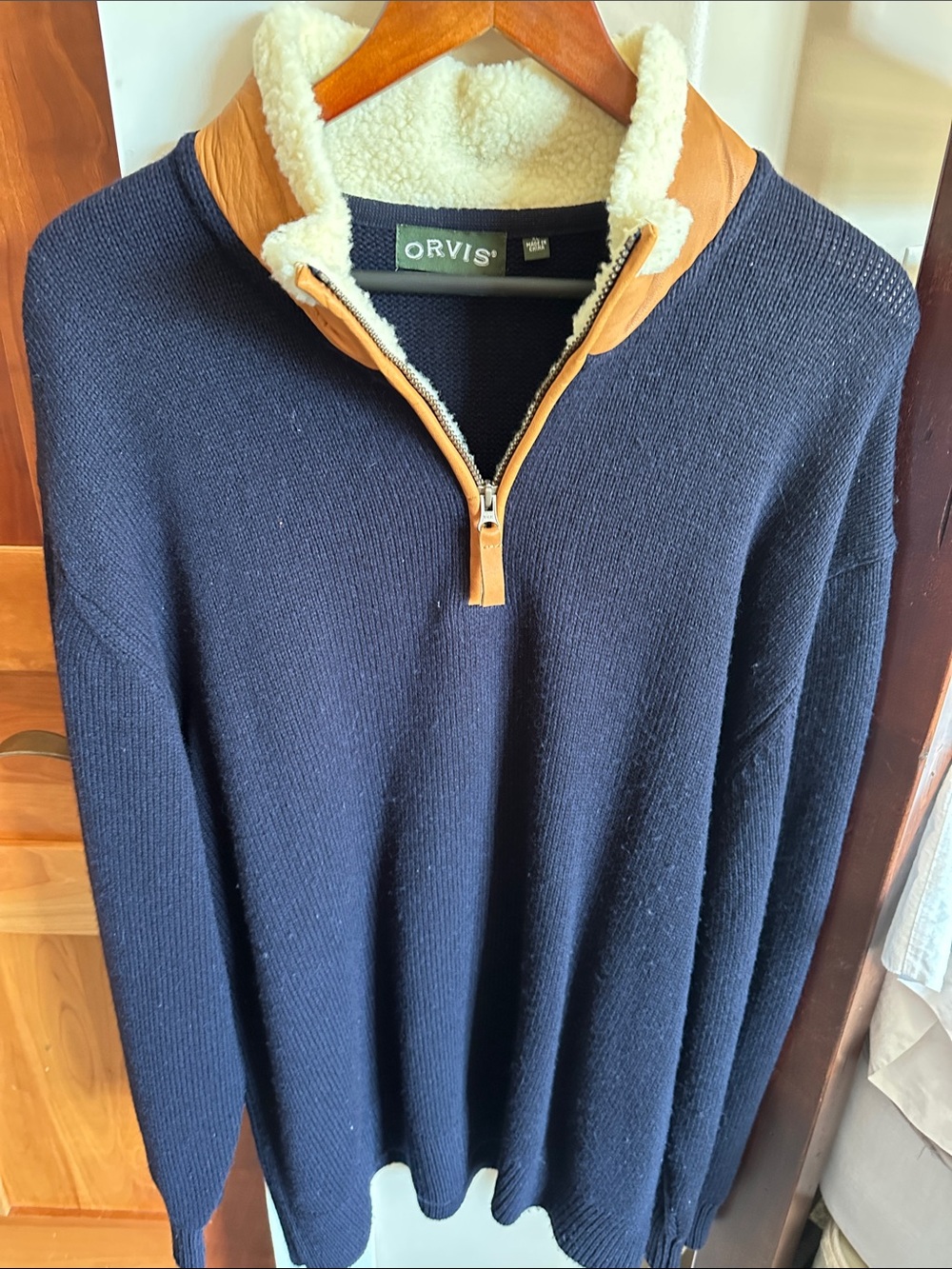 Orvis Navy Quarter-Zip Sweater with Sherpa-Trim and Tan Collar
